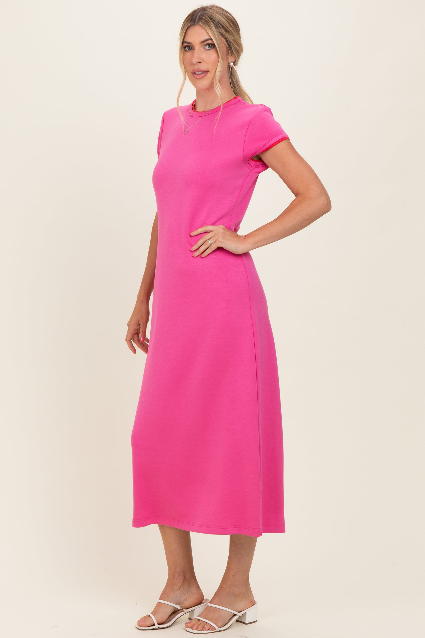 Fuchsia Contrast Trim Short Sleeve Midi Dress
