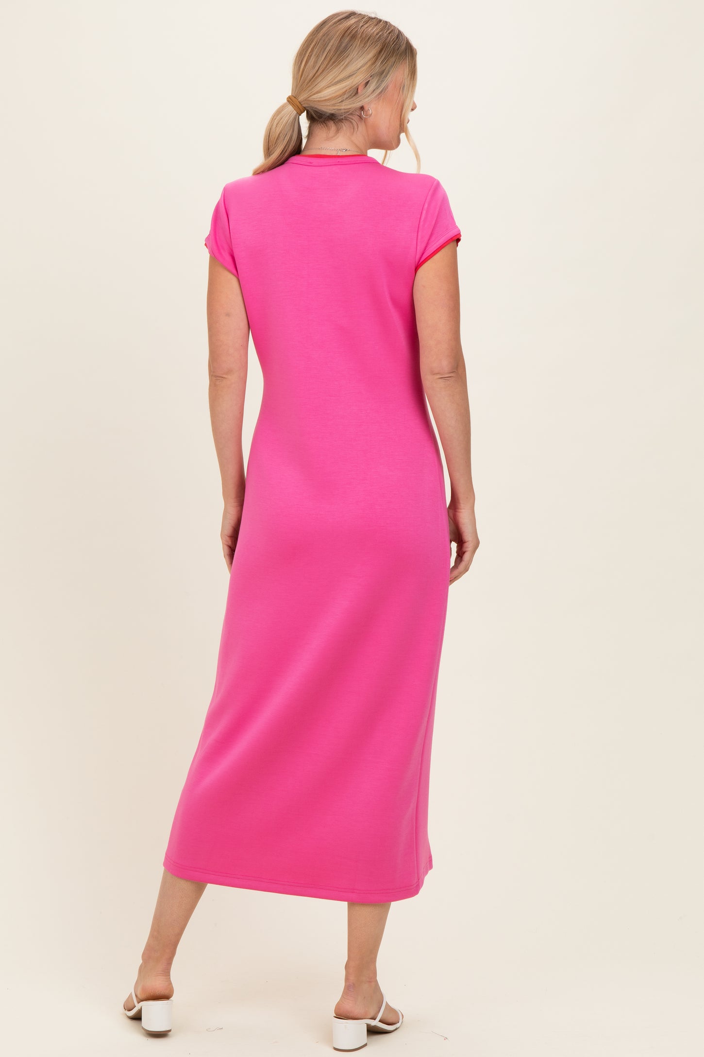 Fuchsia Contrast Trim Short Sleeve Midi Dress