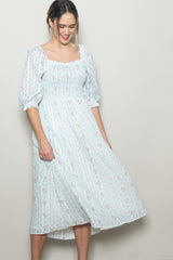Light Blue Floral Smocked Maternity Midi Dress