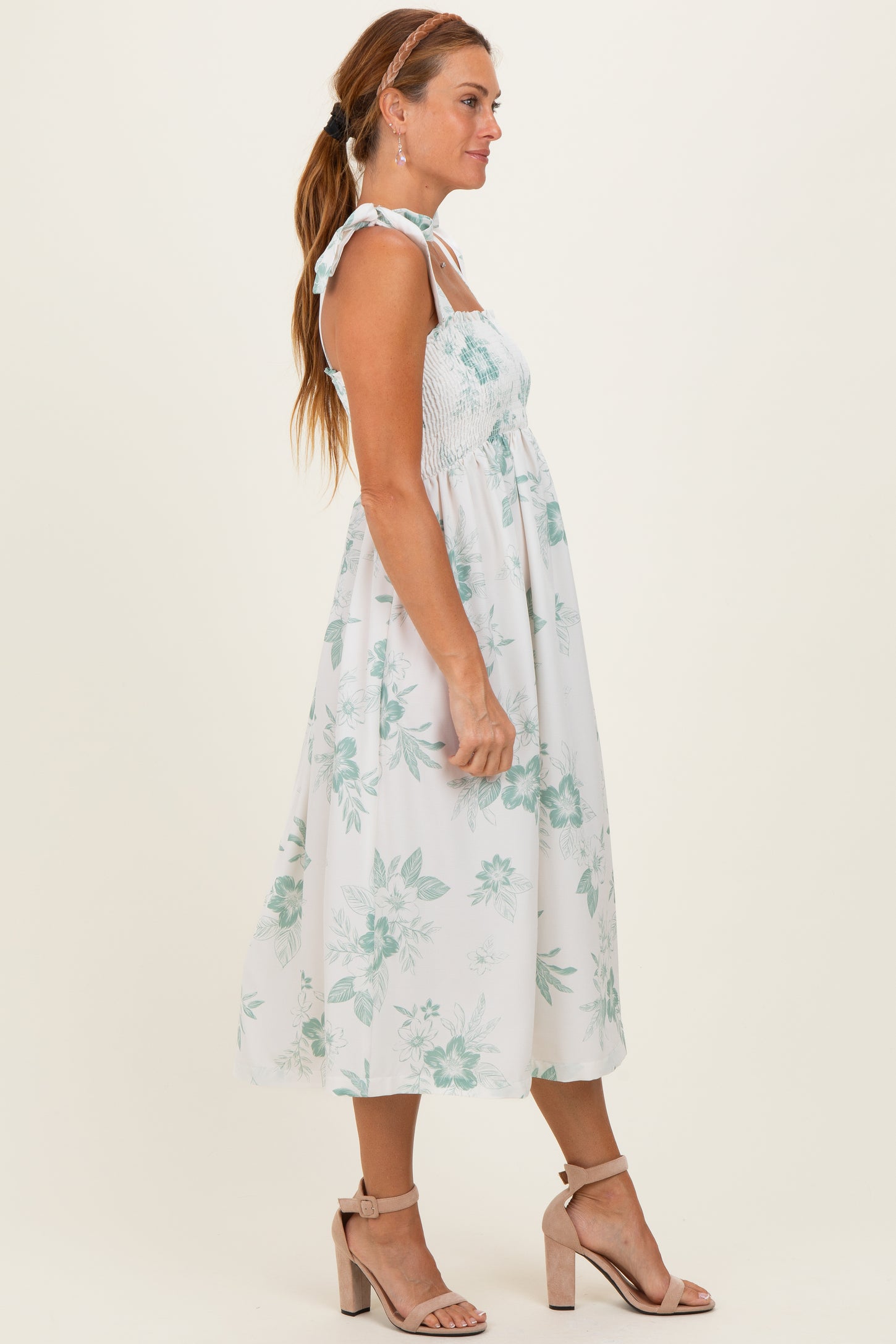Sage Floral Smocked Midi Dress