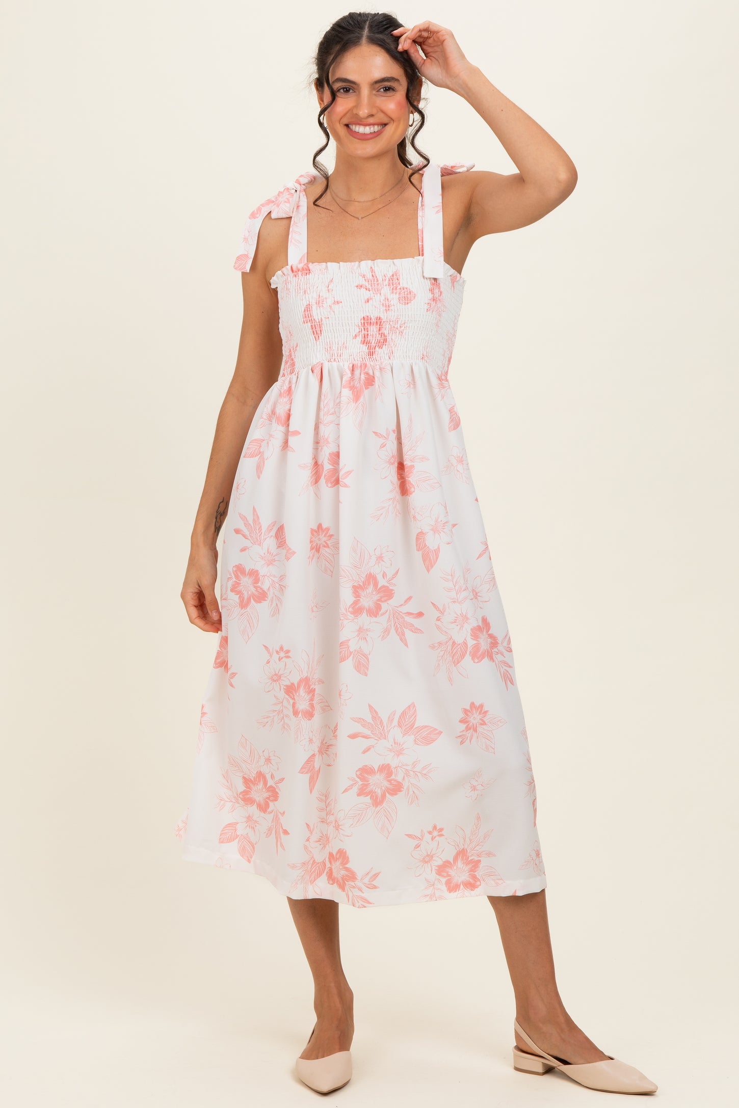 Peach Floral Smocked Maternity Midi Dress