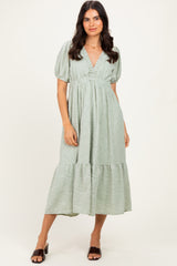 Sage Lace V-Neck Puff Sleeve Maxi Dress