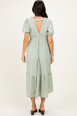 Sage Lace V-Neck Puff Sleeve Maxi Dress