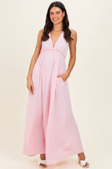 Light Pink Sleeveless Deep V-Neck Maternity Maxi Dress