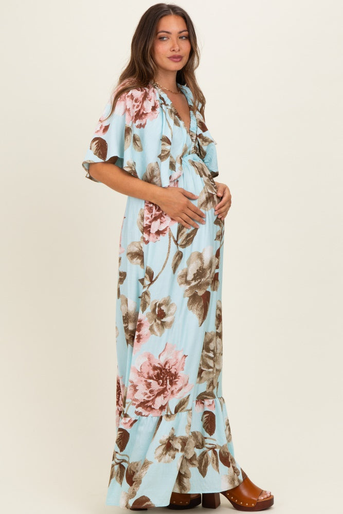 Mint Floral V-Neck Maternity Maxi Dress