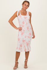 Peach Floral Shoulder Tie Fitted Midi Dress
