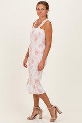 Peach Floral Shoulder Tie Fitted Midi Dress