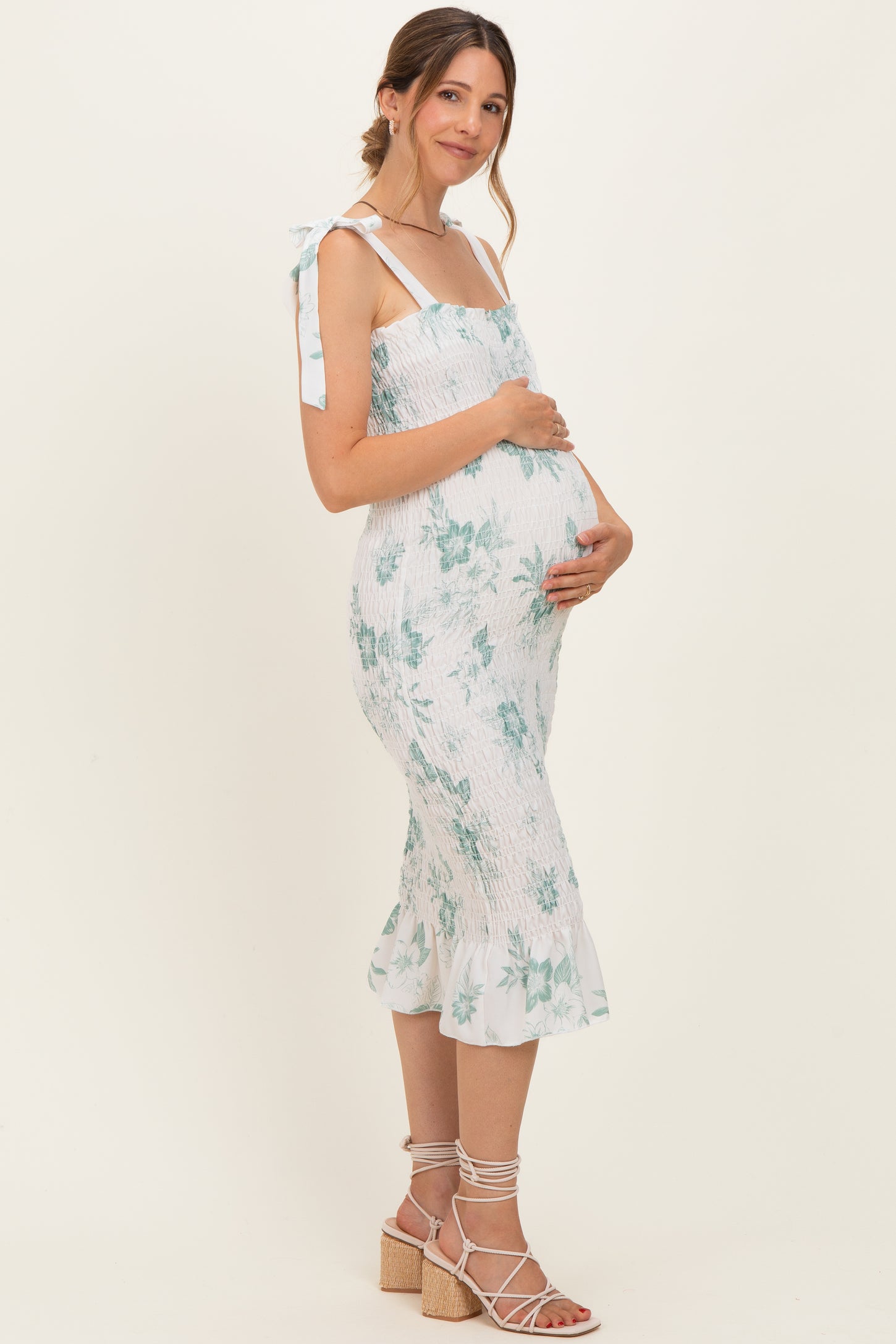 Sage Floral Shoulder Tie Fitted Maternity Midi Dress