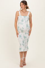 Sage Floral Shoulder Tie Fitted Maternity Midi Dress