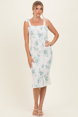Sage Floral Shoulder Tie Fitted Maternity Midi Dress