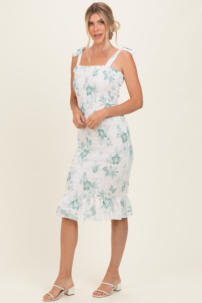 Sage Floral Shoulder Tie Fitted Midi Dress