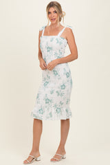 Sage Floral Shoulder Tie Fitted Midi Dress