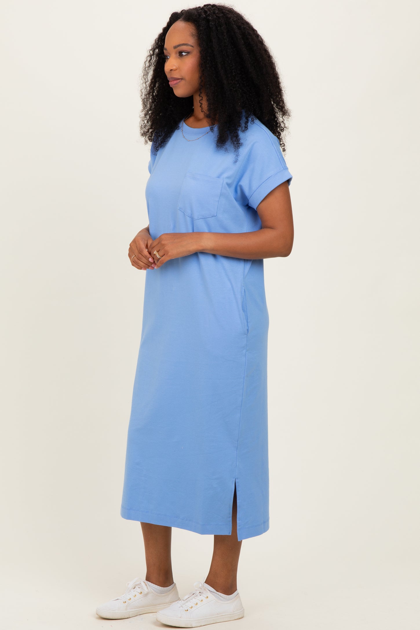 Cornflower Blue Pocket Front Midi T-Shirt Dress