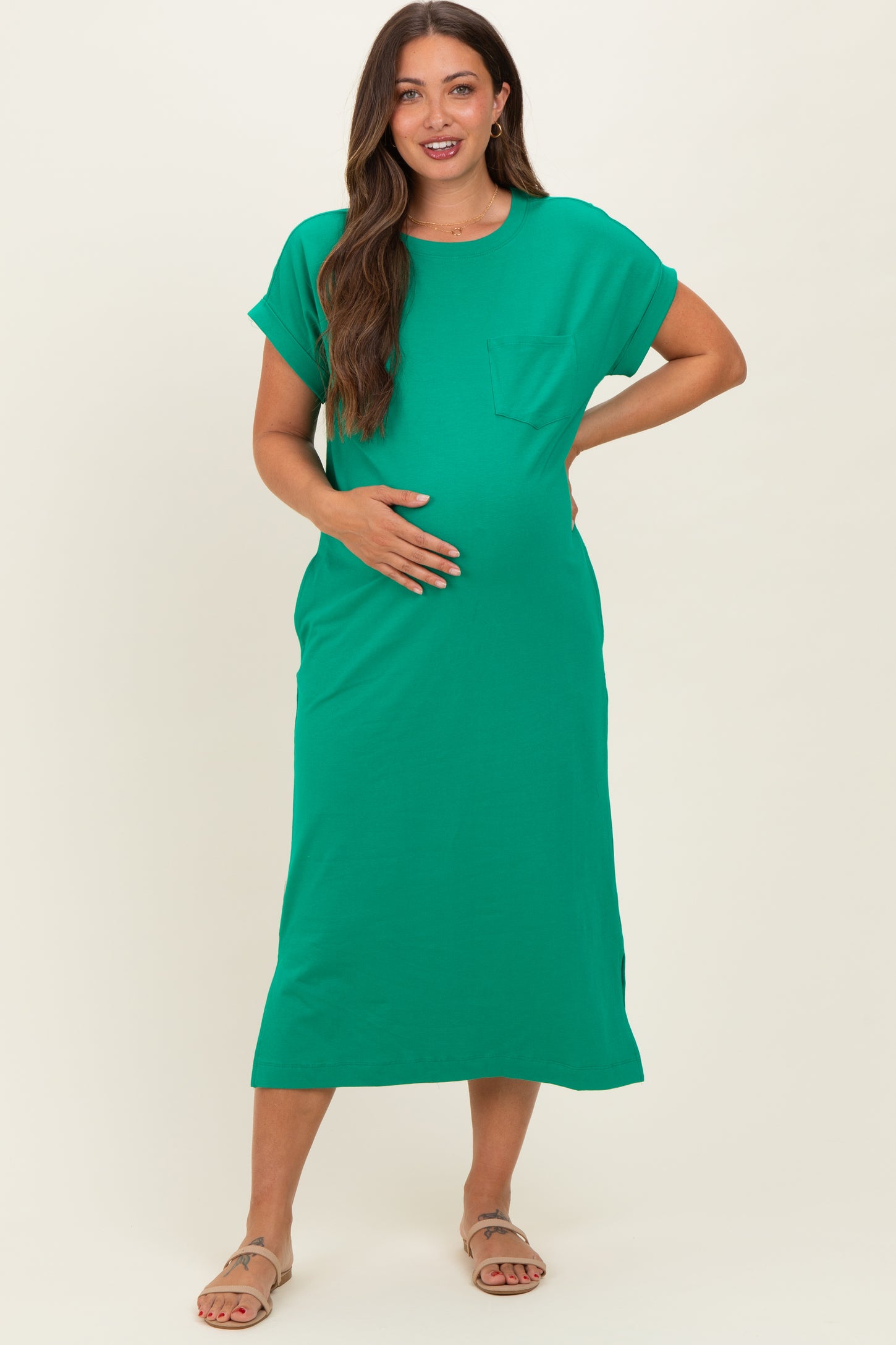 Kelly Green Pocket Front Maternity Midi T-Shirt Dress