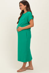 Kelly Green Pocket Front Maternity Midi T-Shirt Dress