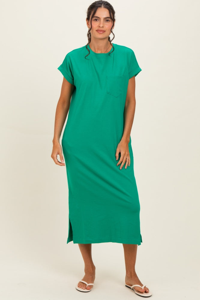 Kelly Green Pocket Front Midi T-Shirt Dress