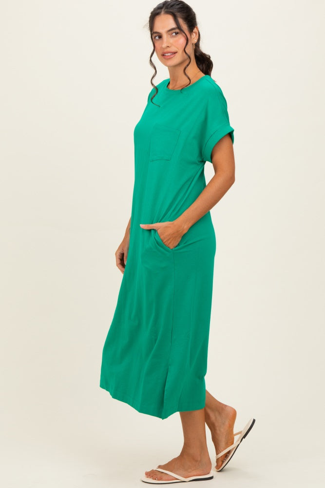 Kelly Green Pocket Front Midi T-Shirt Dress