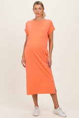 Peach Coral Pocket Front Maternity Midi T-Shirt Dress