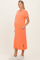 Peach Coral Pocket Front Maternity Midi T-Shirt Dress