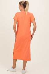 Peach Coral Pocket Front Maternity Midi T-Shirt Dress