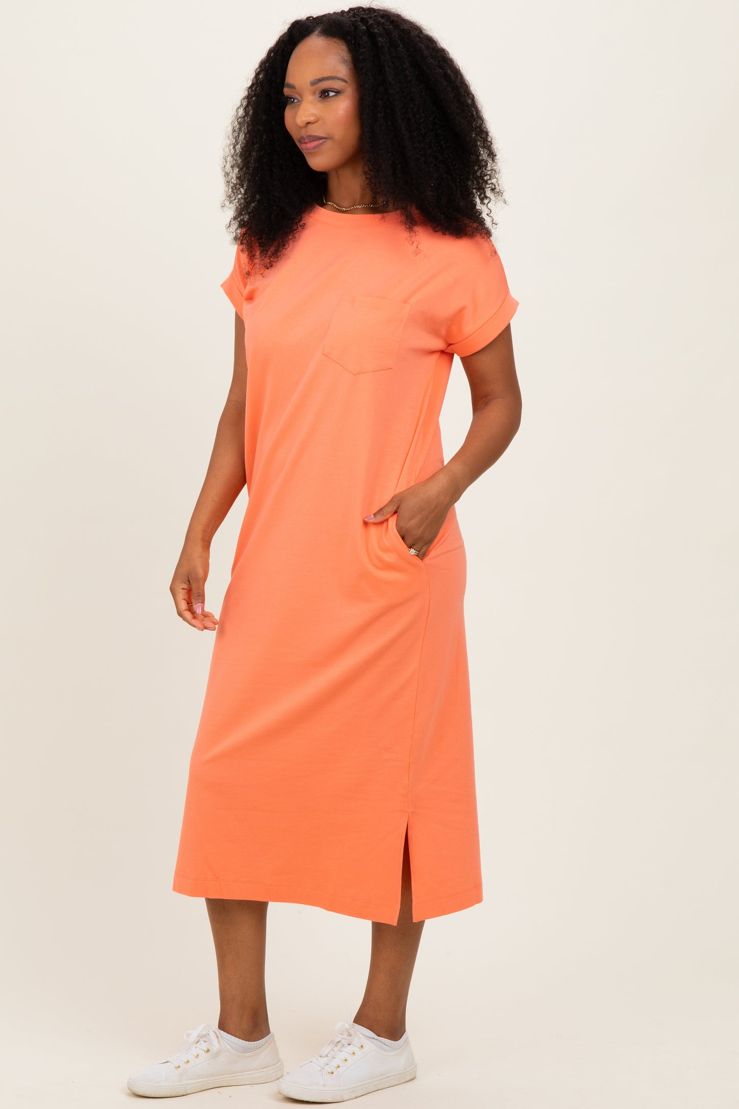 Peach Coral Pocket Front Midi T-Shirt Dress