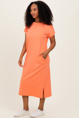 Peach Coral Pocket Front Midi T-Shirt Dress