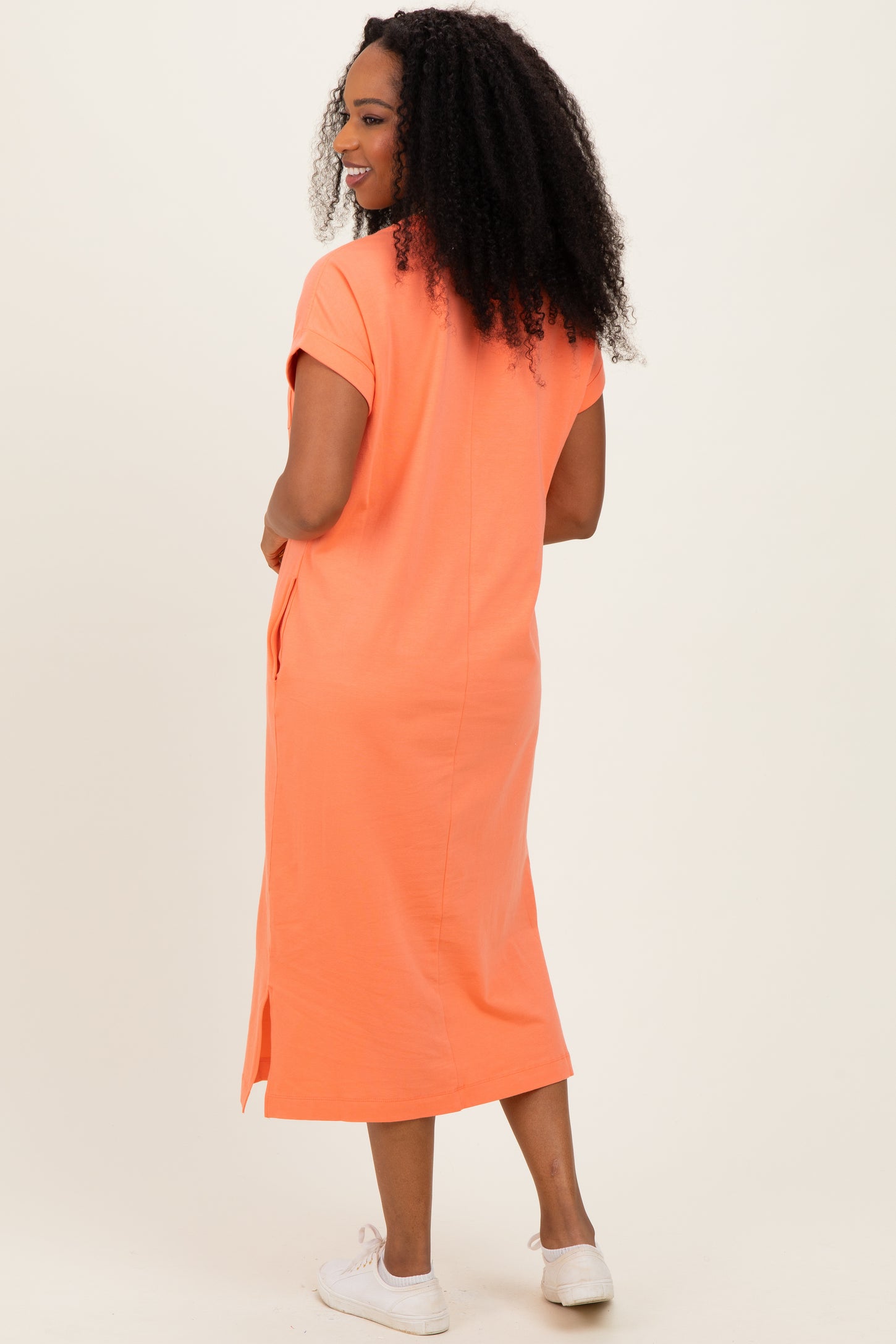 Peach Coral Pocket Front Midi T-Shirt Dress