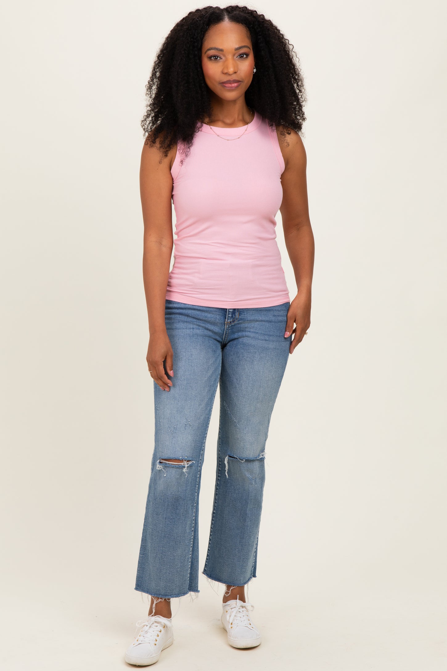 Light Pink Ribbed High Neck Tank Top