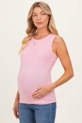 Light Pink Ribbed High Neck Maternity Tank Top