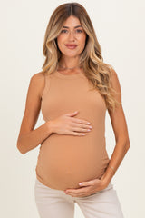 Camel Ribbed High Neck Maternity Tank Top