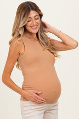 Camel Ribbed High Neck Maternity Tank Top