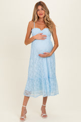 Light Blue Sleeveless Lace Maternity Maxi Dress