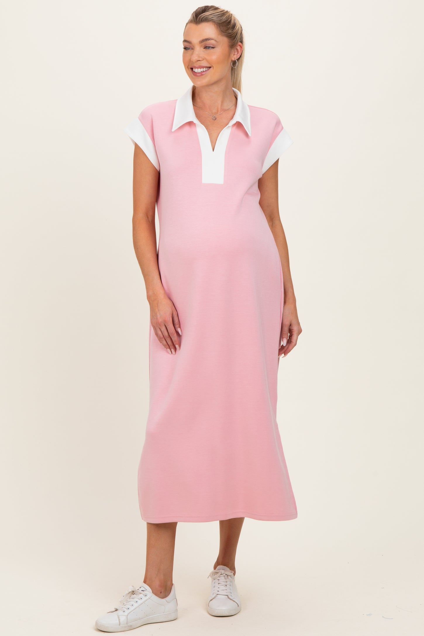 Pink Colorblock Polo Maternity Midi Dress