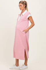 Pink Colorblock Polo Maternity Midi Dress