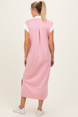 Pink Colorblock Polo Maternity Midi Dress