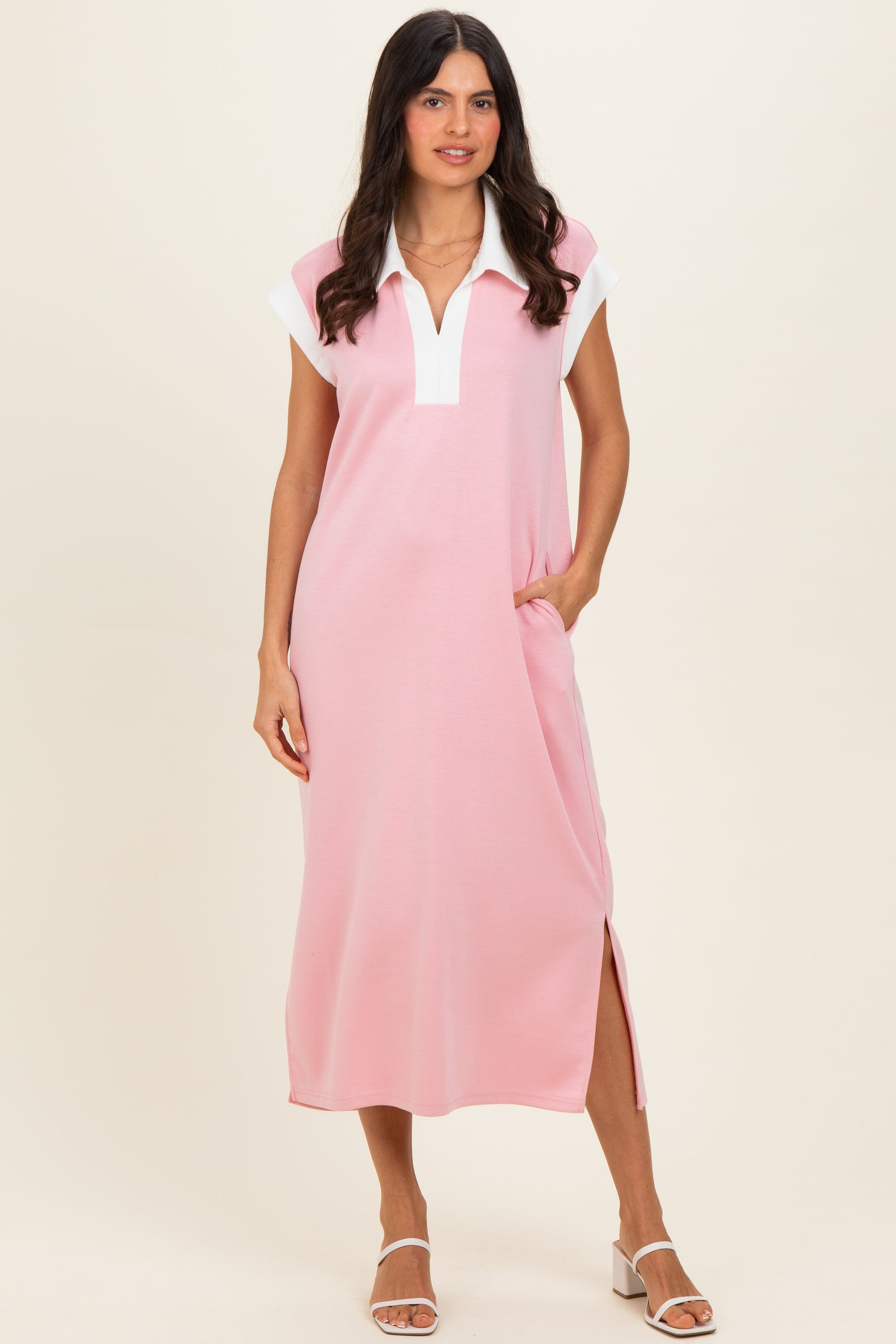 Pink Colorblock Polo Maternity Midi Dress