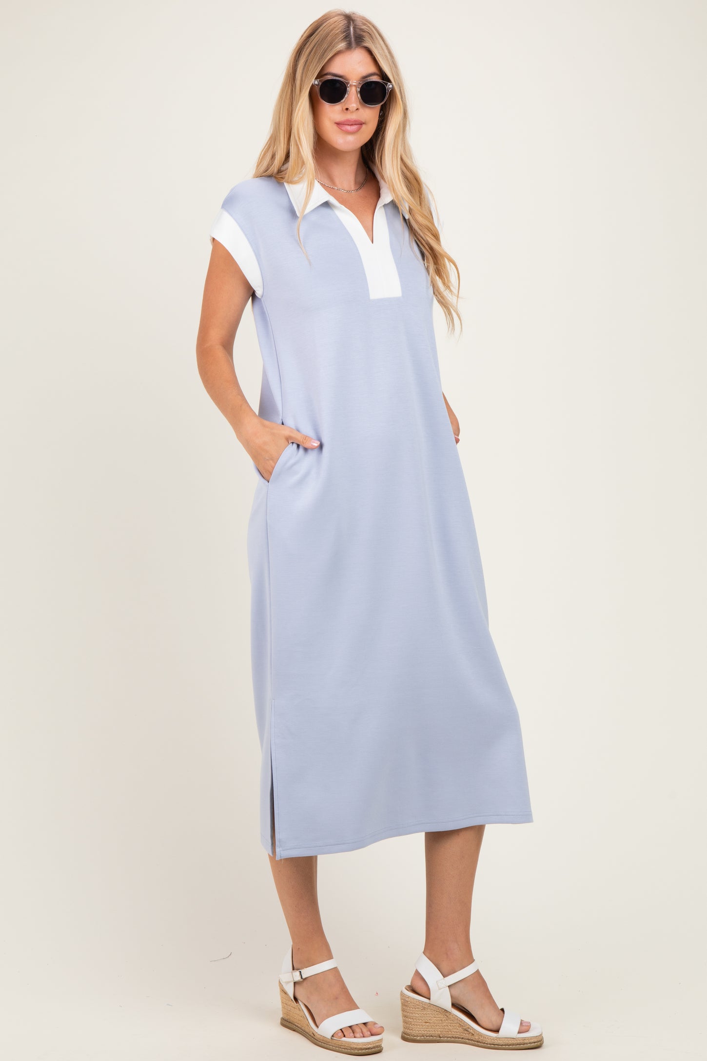 Light Blue Colorblock Polo Midi Dress