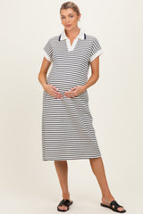 Navy Striped Polo Maternity Midi Dress
