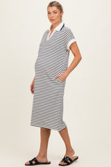 Navy Striped Polo Maternity Midi Dress
