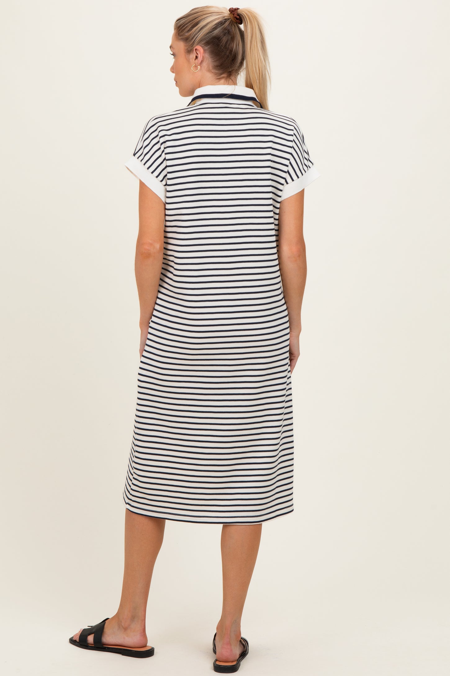 Navy Striped Polo Maternity Midi Dress