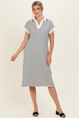 Navy Striped Polo Maternity Midi Dress