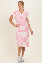 Pink Striped Polo Maternity Midi Dress