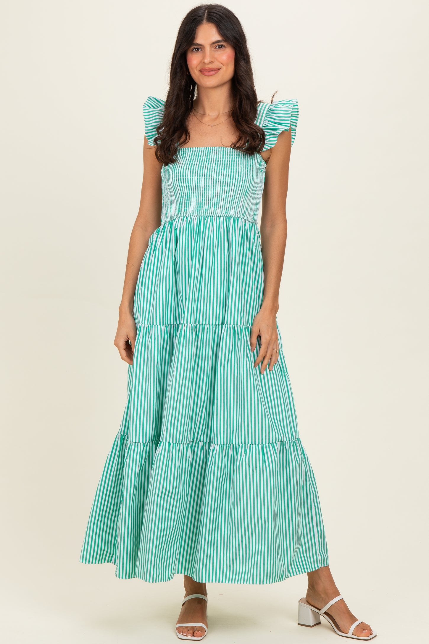 Green Striped Ruffle Strap Smocked Maxi Dress