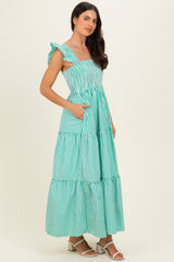 Green Striped Ruffle Strap Smocked Maxi Dress