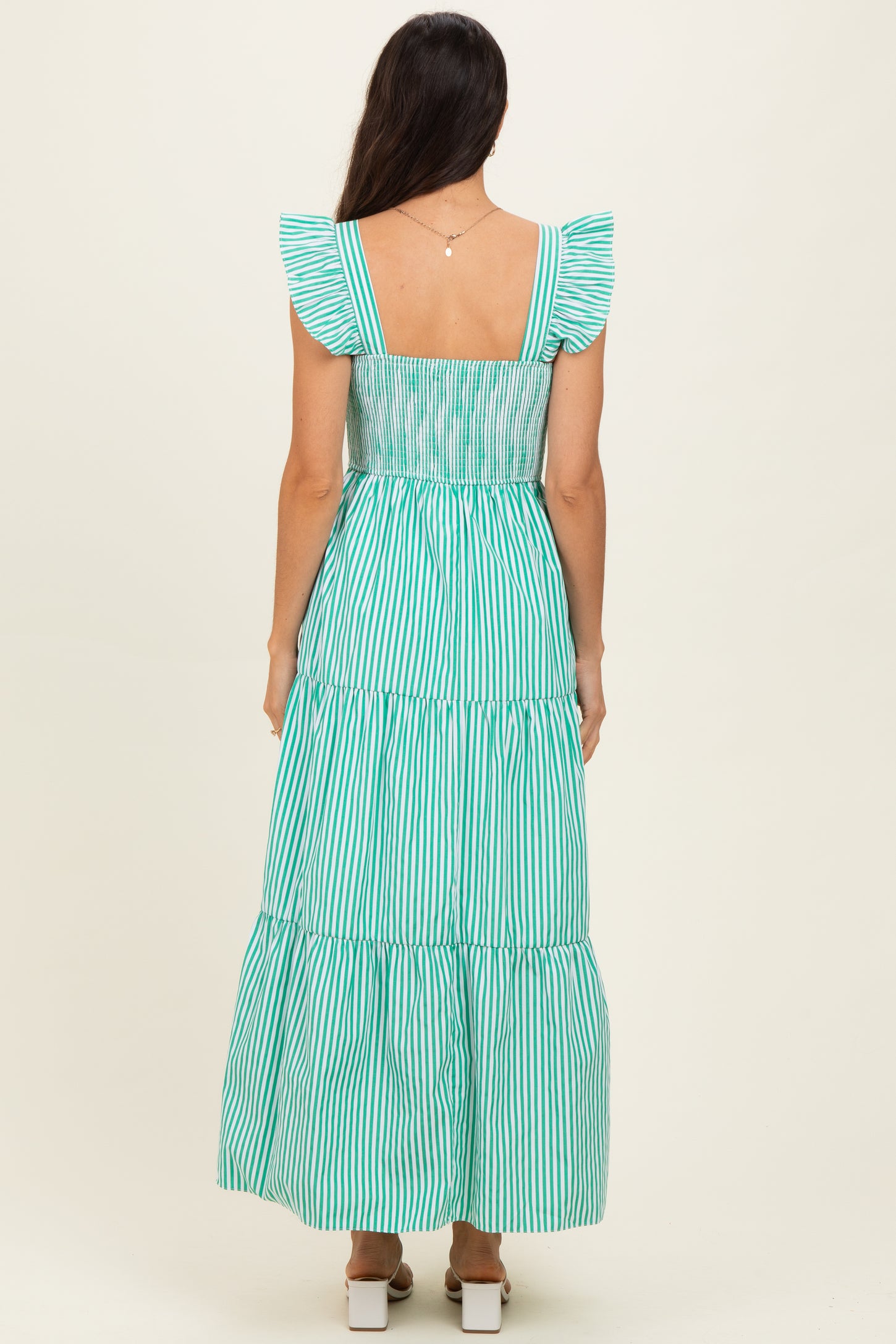 Green Striped Ruffle Strap Smocked Maxi Dress