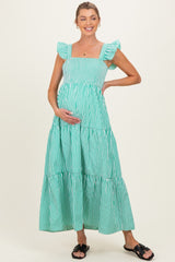 Green Striped Ruffle Strap Smocked Maternity Maxi Dress