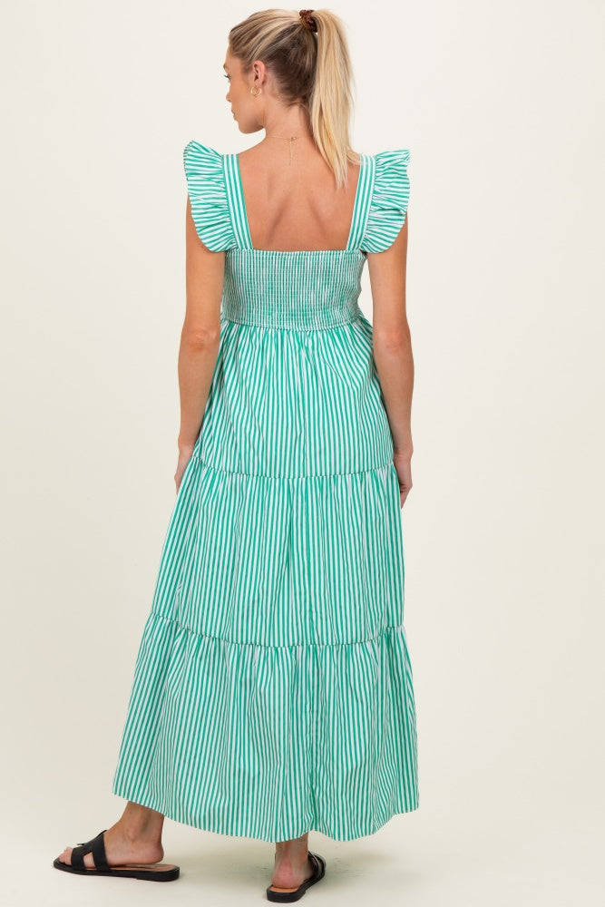 Green Striped Ruffle Strap Smocked Maternity Maxi Dress