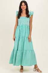 Green Striped Ruffle Strap Smocked Maternity Maxi Dress