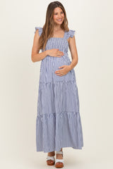 Navy Striped Ruffle Strap Smocked Maternity Maxi Dress