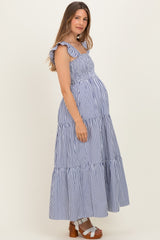 Navy Striped Ruffle Strap Smocked Maternity Maxi Dress